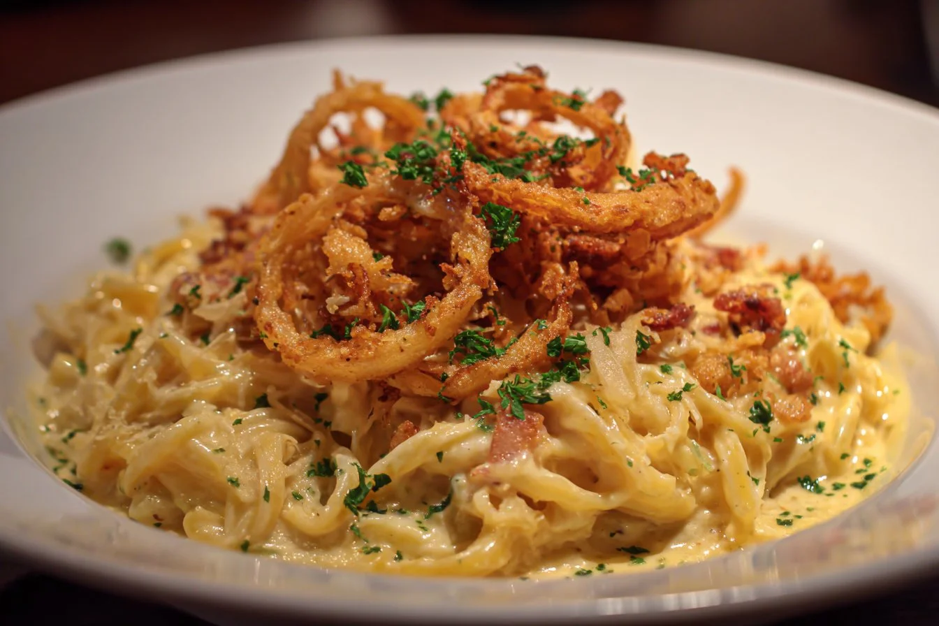 French onion chicken orzo casserole topped with melted cheese and crispy onions