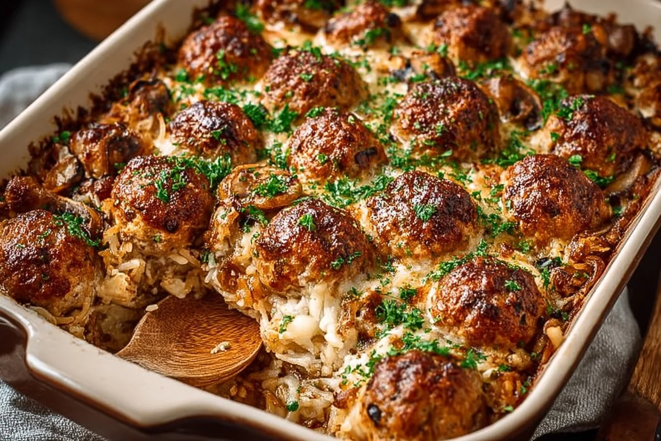 French Onion Meatballs Casserole topped with melted cheese and caramelized onions