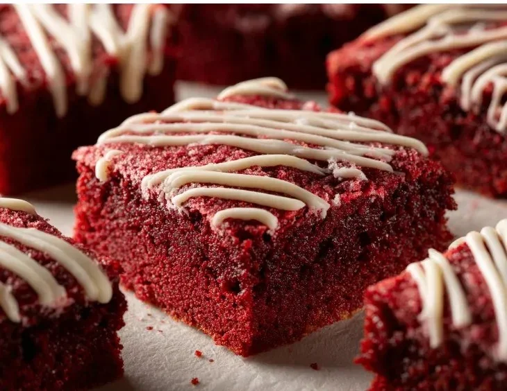Delicious fudgy red velvet brownies topped with cream cheese frosting