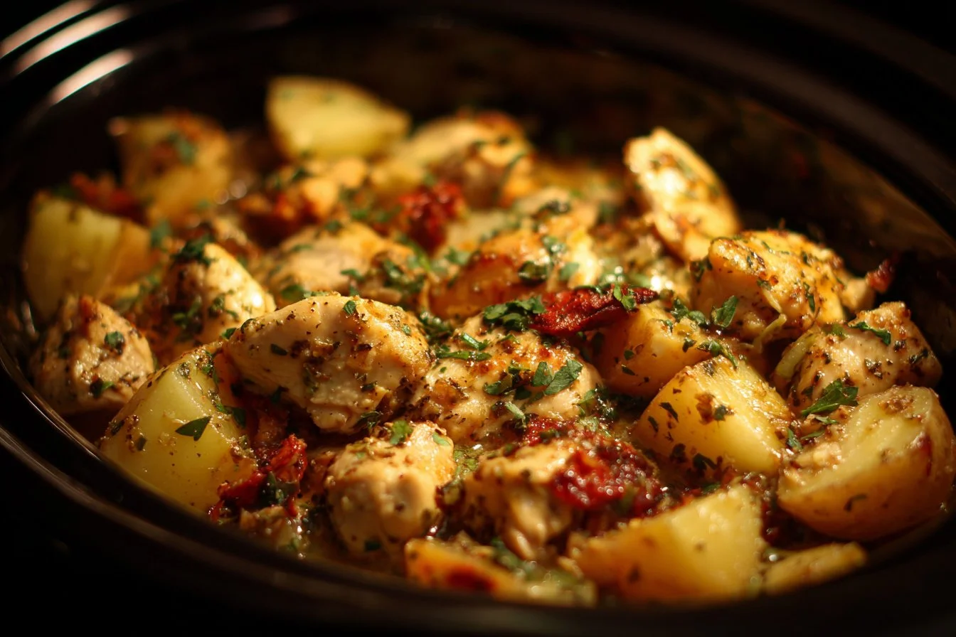 Slow-cooked Garlic Parmesan Chicken and Potatoes in a crockpot