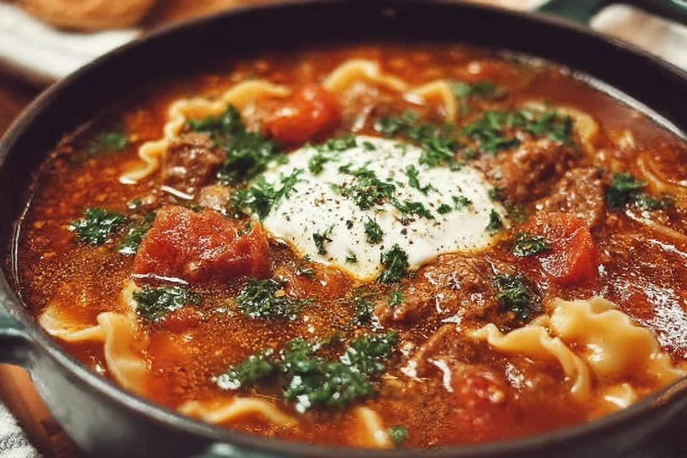 Bowl of gluten free lasagna soup topped with fresh basil and cheese alternatives