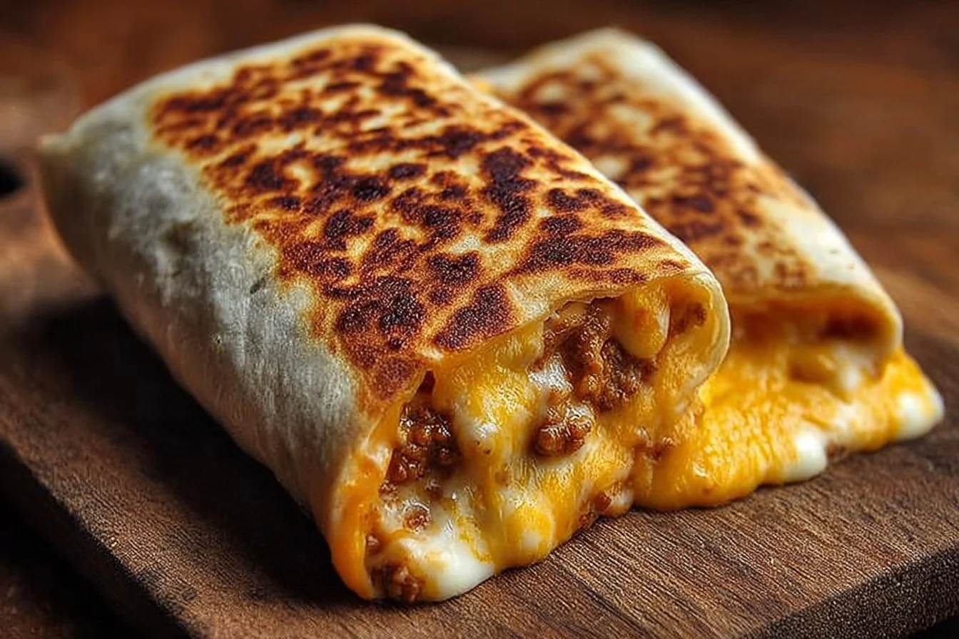 Melted cheese inside a grilled cheese burrito served with toppings