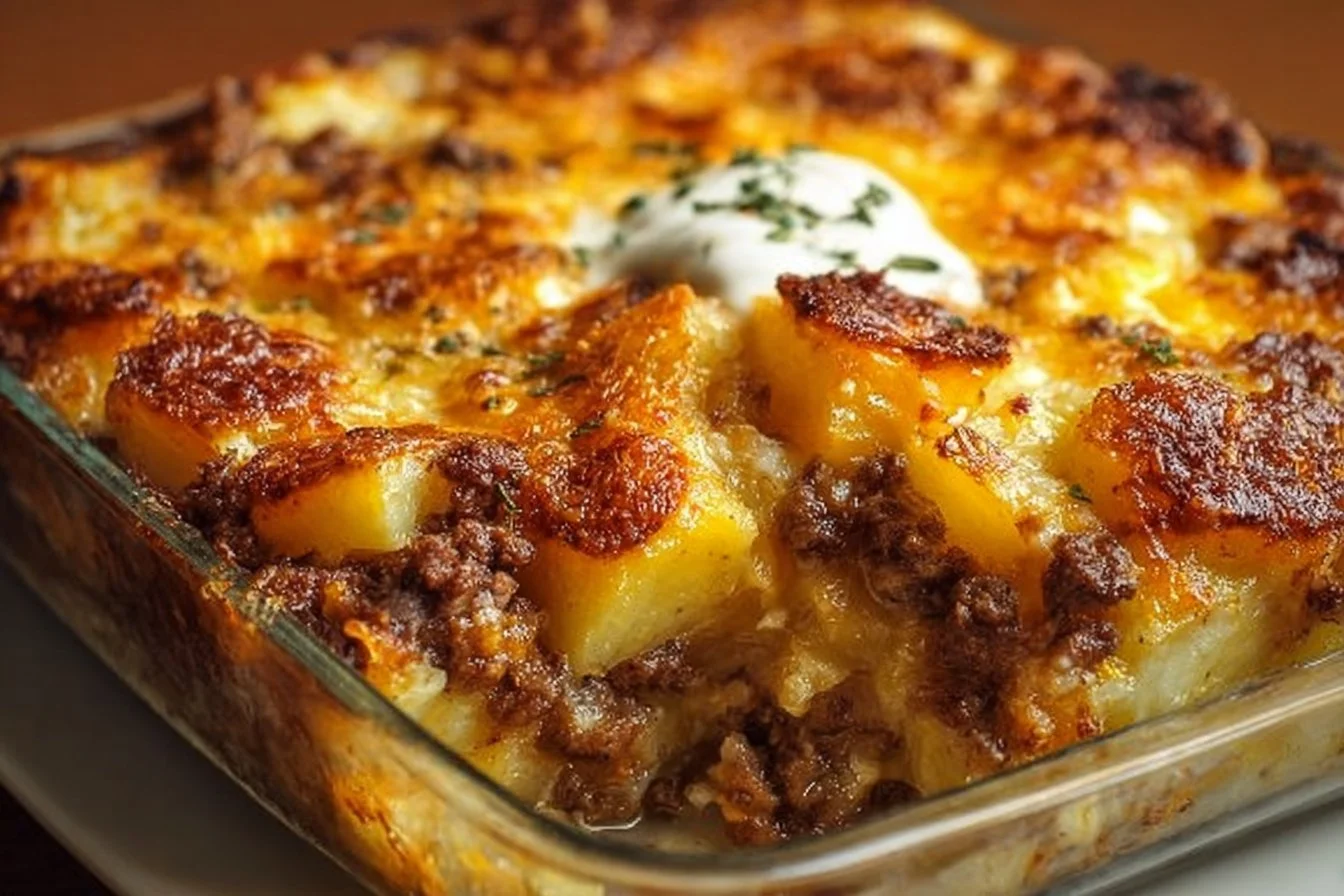 Ground beef and potatoes casserole dish ready to serve