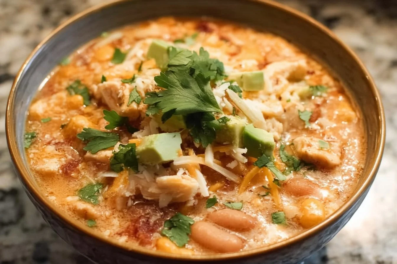 A bowl of healthy high-protein white chicken chili topped with fresh cilantro.