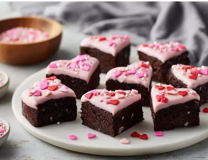 Heart shaped brownies decorated with chocolate and sprinkles.