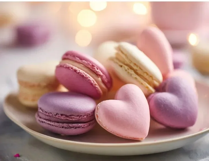Heart-shaped macarons in various colors and flavors, perfect for any occasion