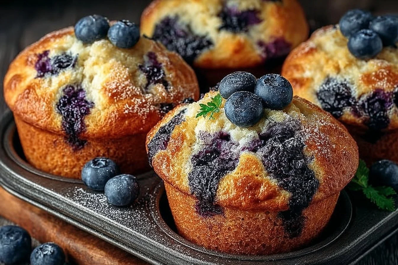 Hearty blueberry protein muffins fresh out of the oven