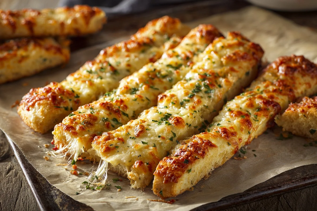 Homemade cheesy breadsticks freshly baked with melted cheese on top