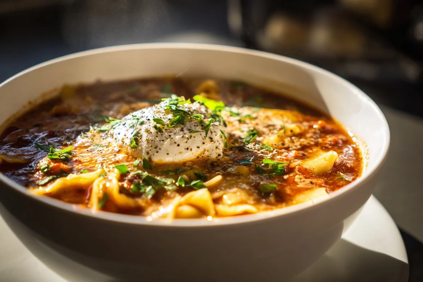Bowl of Instant Pot Lasagna Soup topped with cheese and fresh herbs