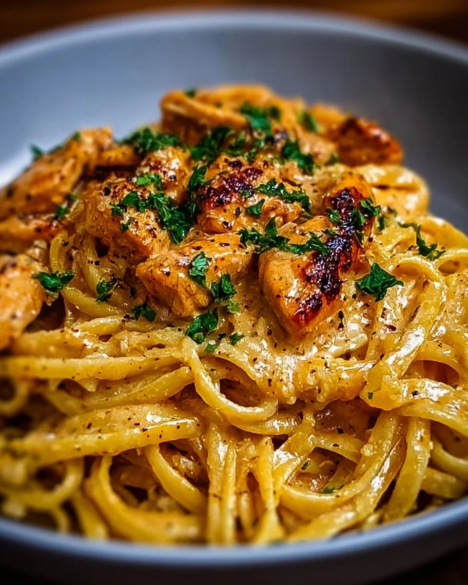 Delicious Cowboy Butter Chicken Linguine served with fresh ingredients