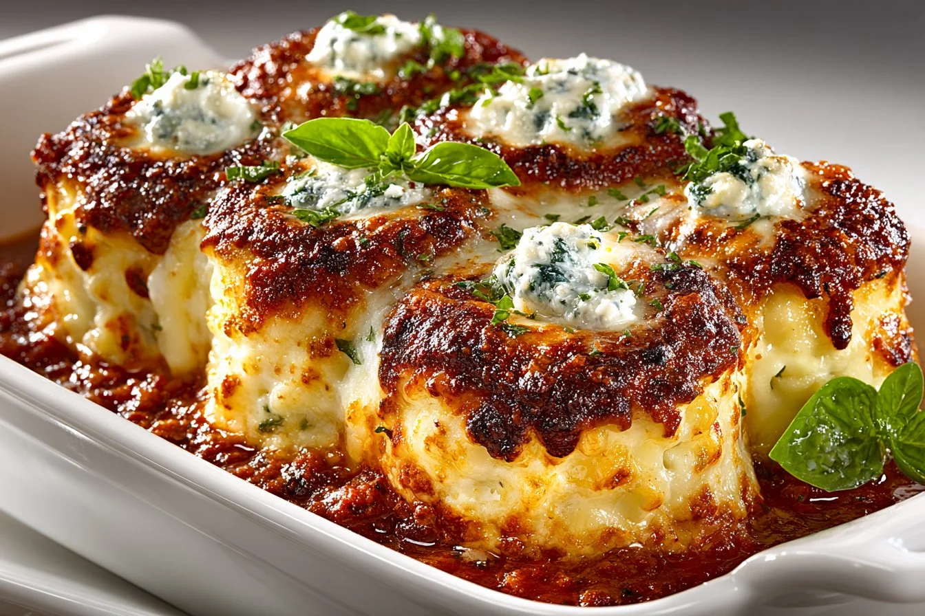 Delicious lasagna roll-ups filled with cheese and herbs ready to serve.