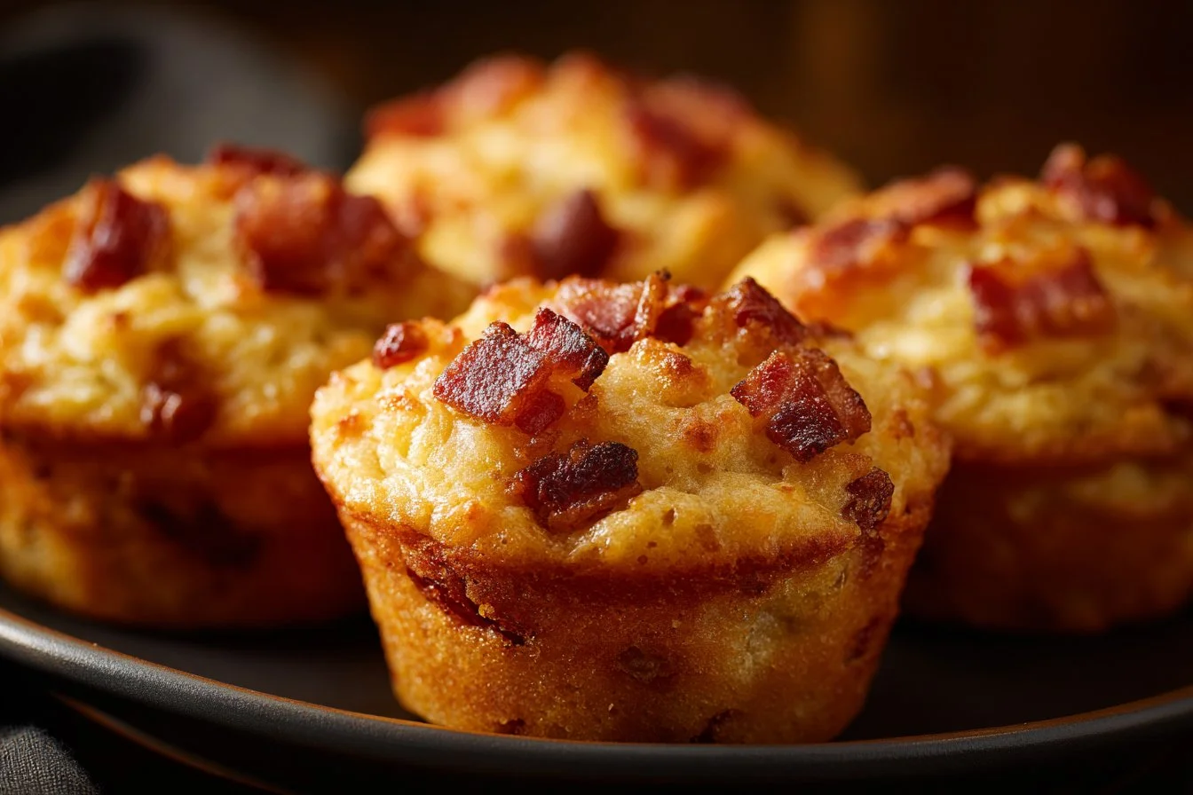 Delicious Maple Bacon Pancake Muffins topped with crispy bacon bits and maple syrup