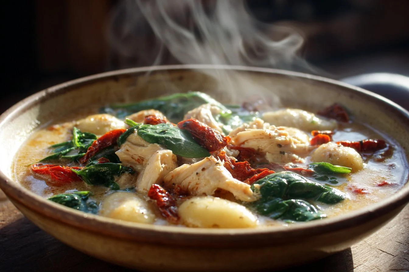 Bowl of creamy Marry Me Chicken Gnocchi Soup garnished with fresh herbs