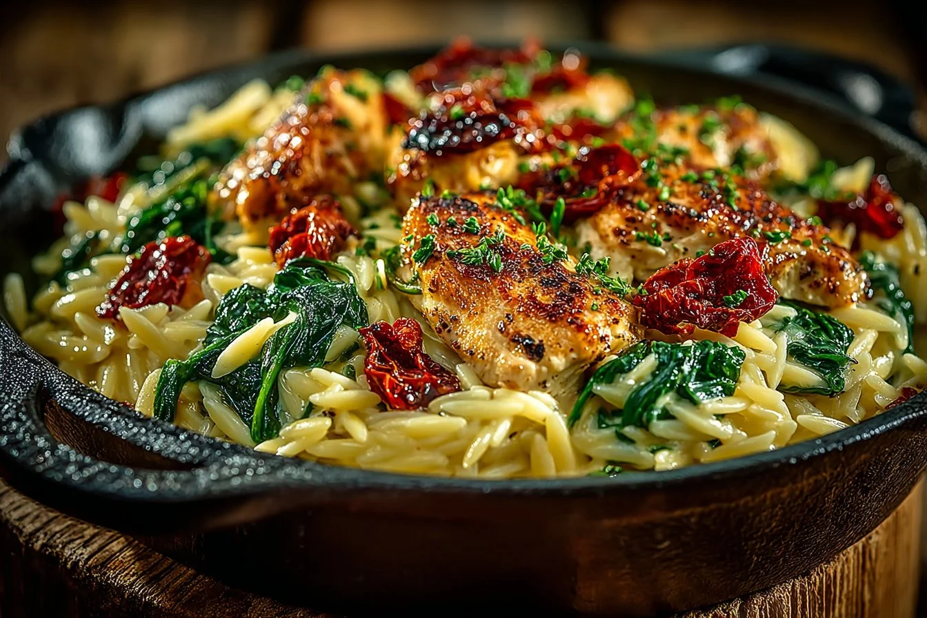 Creamy Marry Me Chicken Risoni Recipe served on a plate with garnish