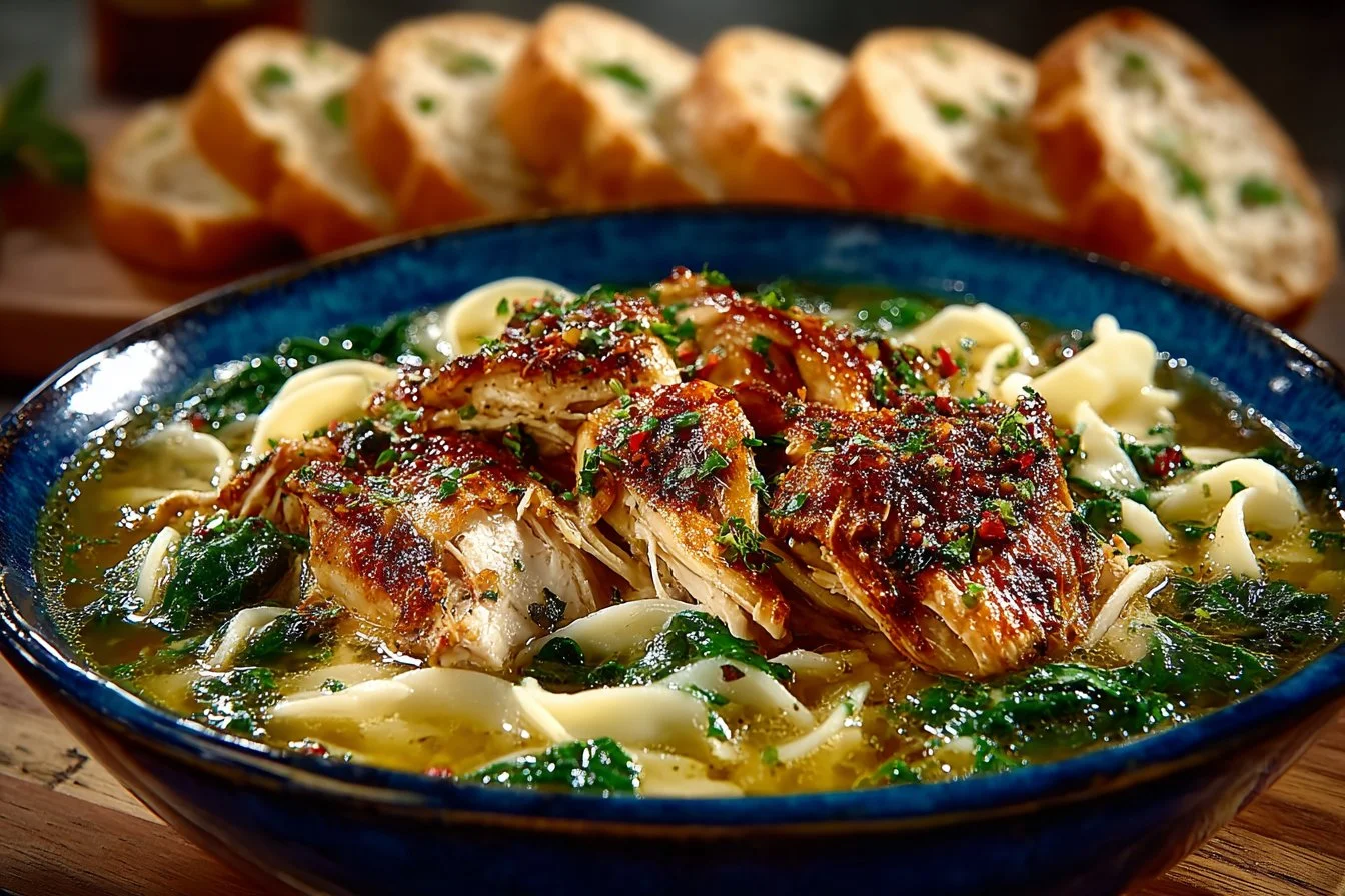 Bowl of Marry Me Chicken Soup garnished with herbs and spices.