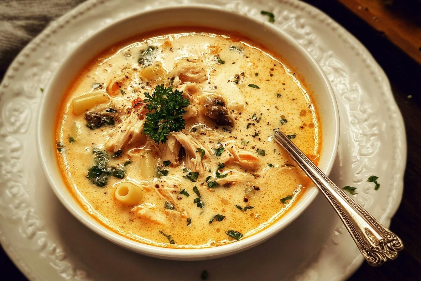 Creamy Marry Me Chicken Soup served in a bowl with fresh herbs.