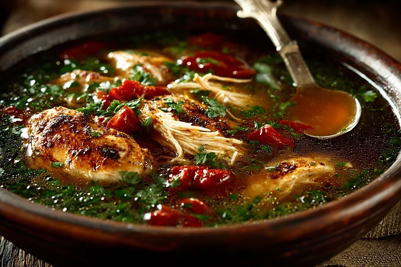 Delicious Marry Me Chicken Soup Keto recipe served in a bowl with herbs.