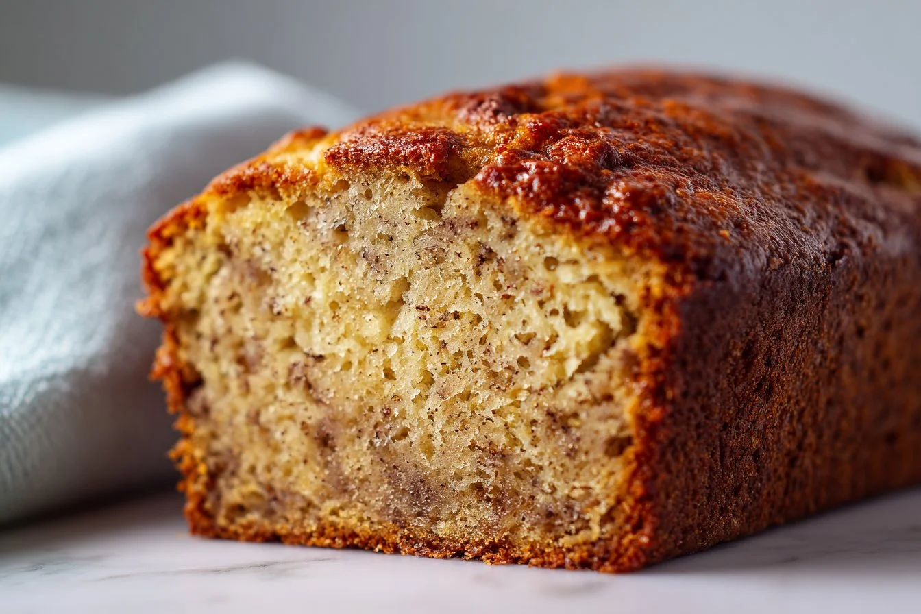 Delicious slice of one bowl banana bread on a wooden table.