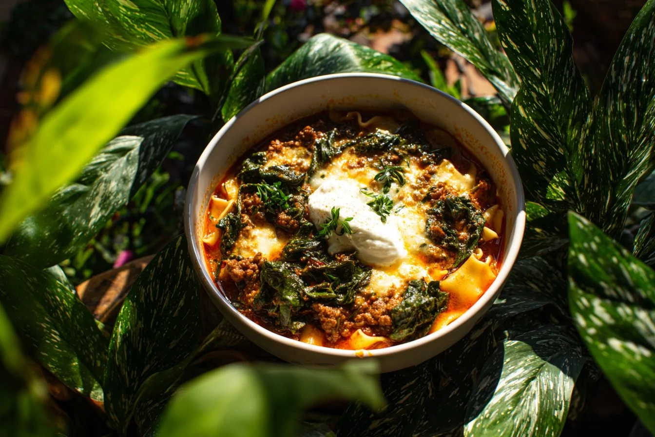 Bowl of One-Pot Lasagna Soup topped with cheese and fresh herbs