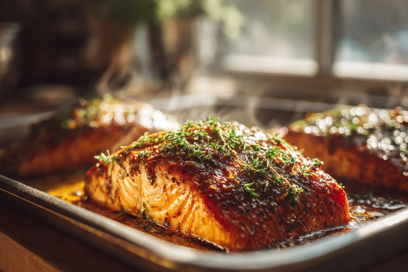 Delicious oven baked salmon served on a plate with vegetables