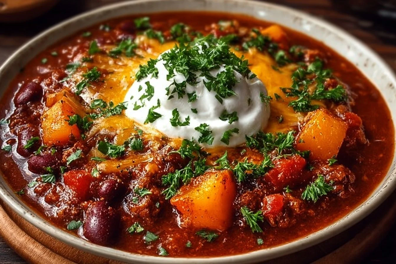 Bowl of Pumpkin Chili topped with cilantro and served with crusty bread