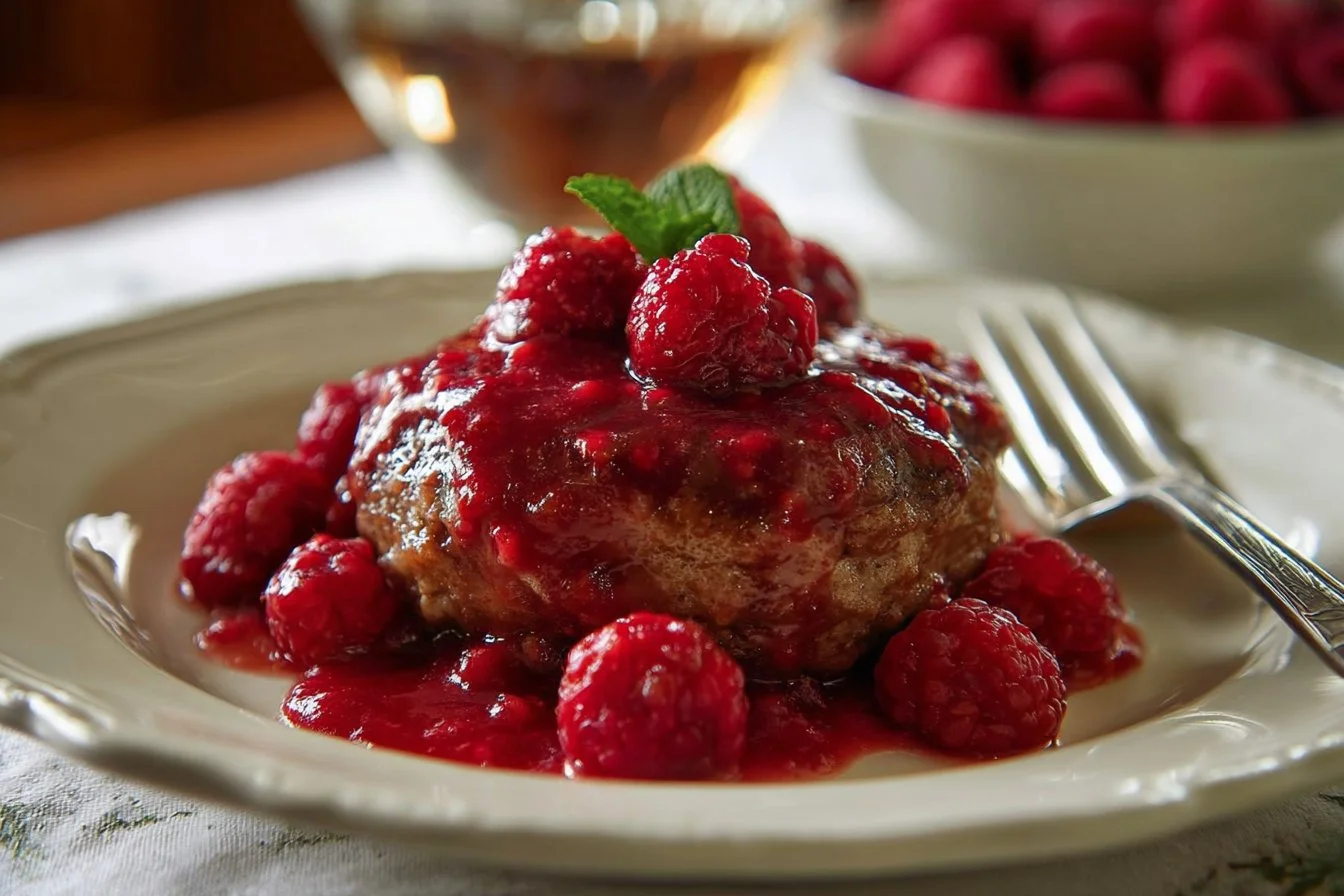 Raspberry balsamic pork chops served with garnish on a plate