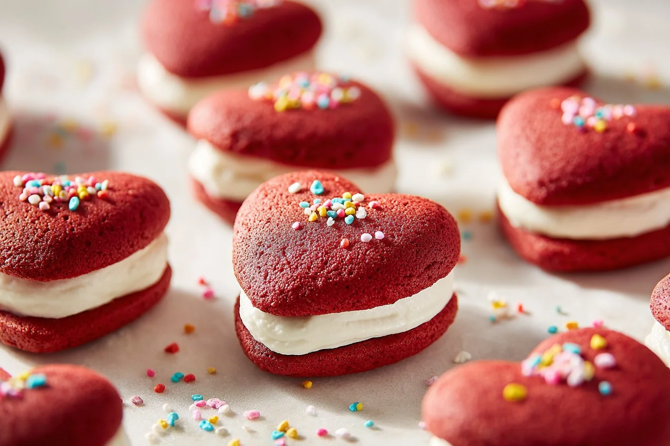 Delicious Red Velvet Whoopie Pies with creamy filling on a rustic wooden table