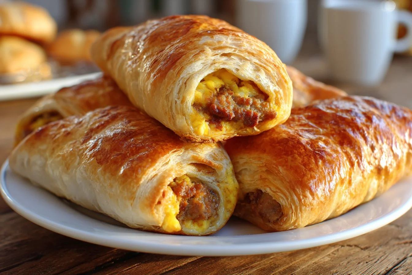 Sausage egg breakfast roll-ups served on a plate, perfect for a quick morning meal.