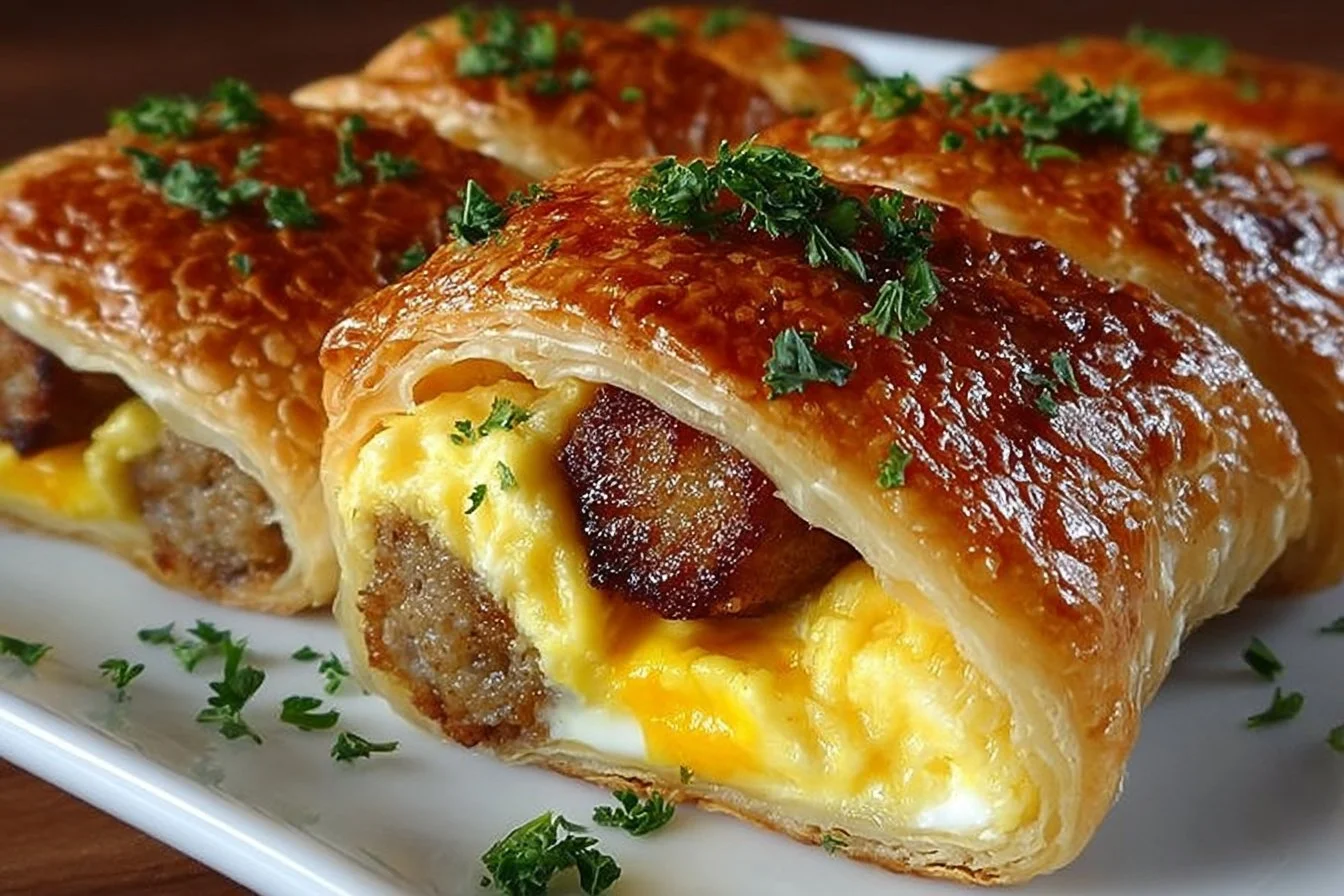 Delicious sausage egg breakfast roll-ups on a plate ready to serve.