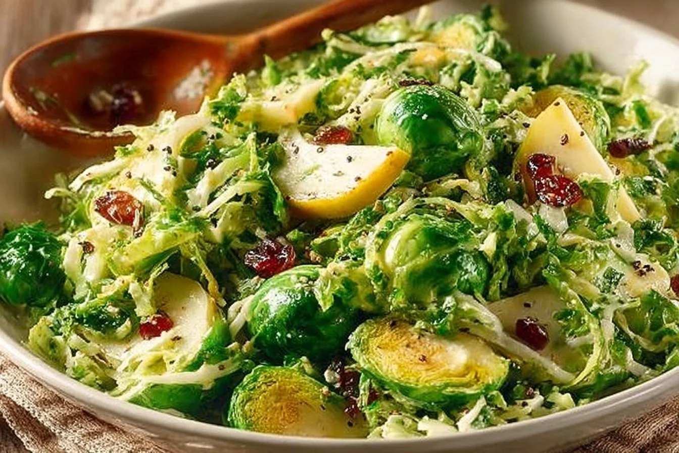 Shaved Brussels Sprouts Salad with nuts and dressing