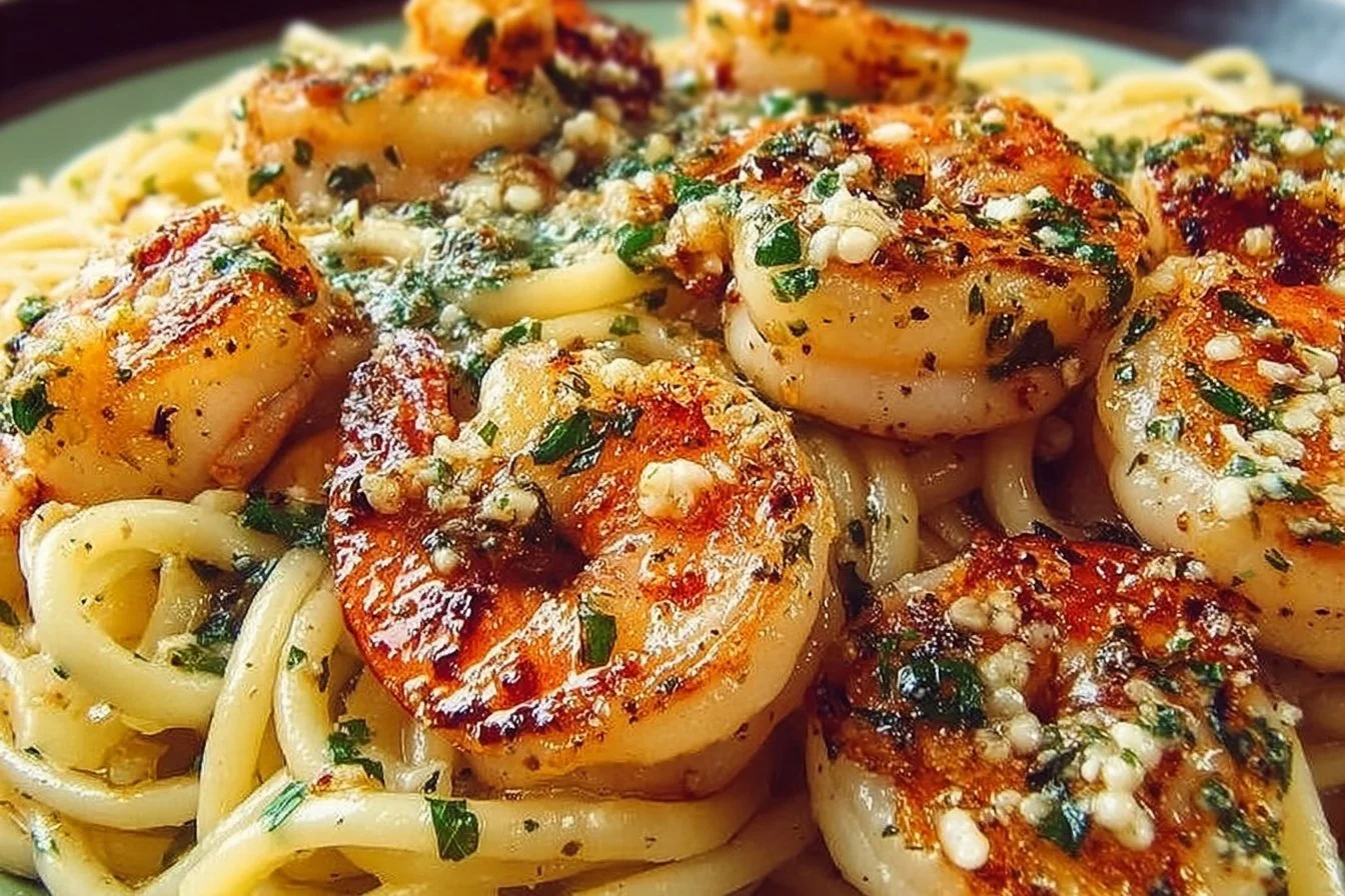 Delicious shrimp scampi with garlic and butter served on a plate.