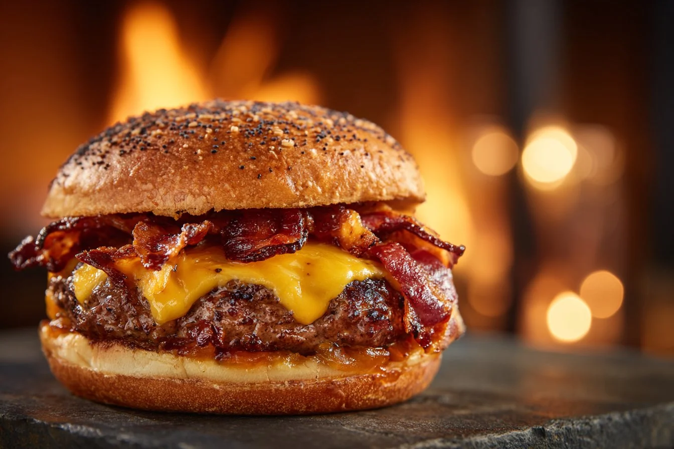 Delicious Smash Burger topped with Baconnaise on a rustic wooden table