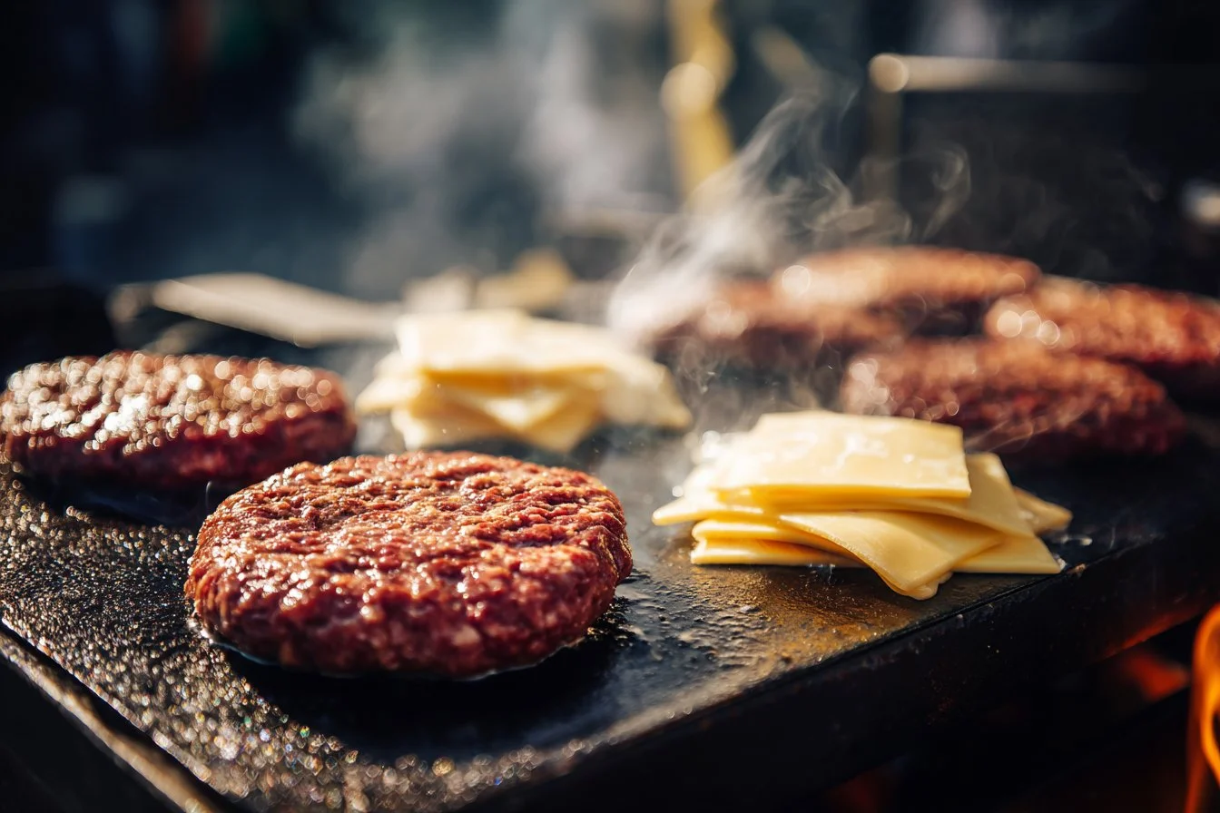 Juicy smash burgers cooked to perfection on a grill with toppings