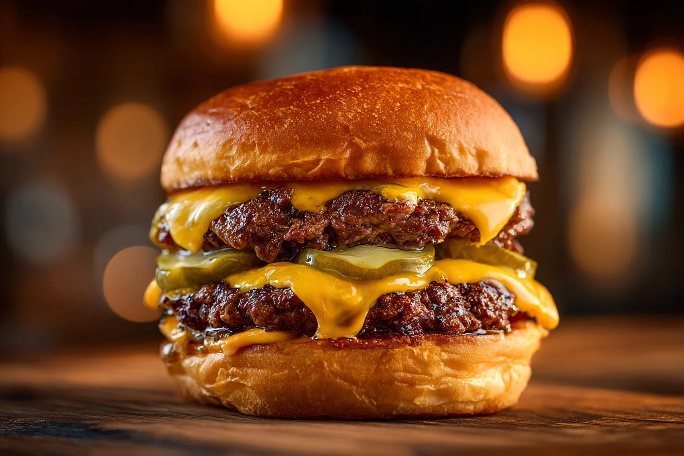 Delicious smash burgers topped with house sauce on a rustic wooden table