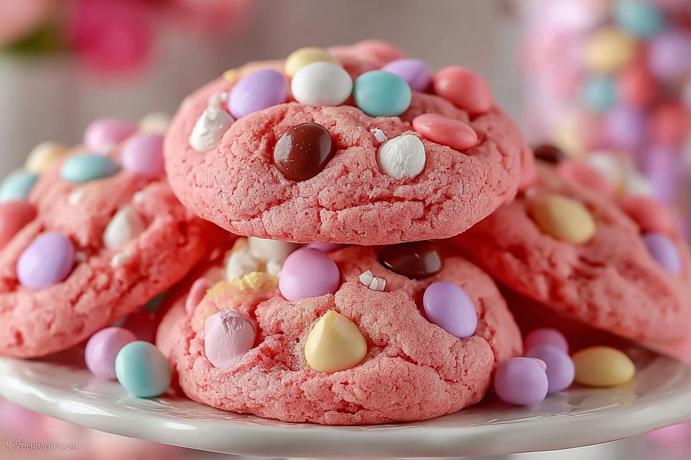 Strawberry cake mix cookies on a plate, showcasing their vibrant color and texture.
