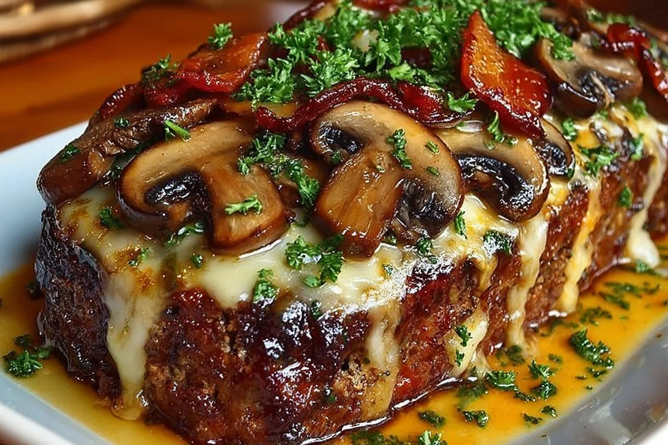Delicious Swiss Bacon Mushroom Meatloaf with rich flavors and textures.