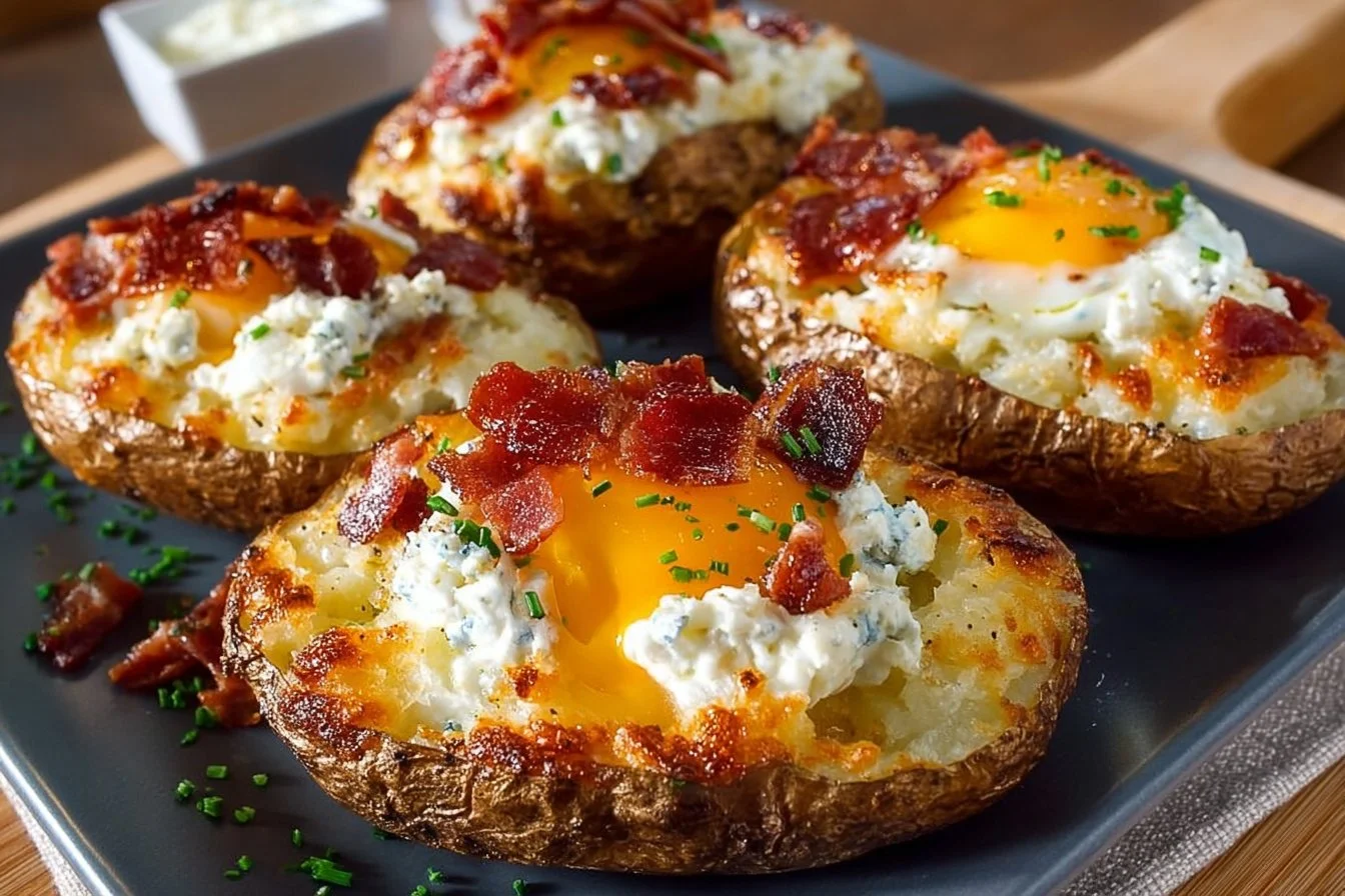Twice baked loaded breakfast potatoes topped with cheese, bacon, and chives