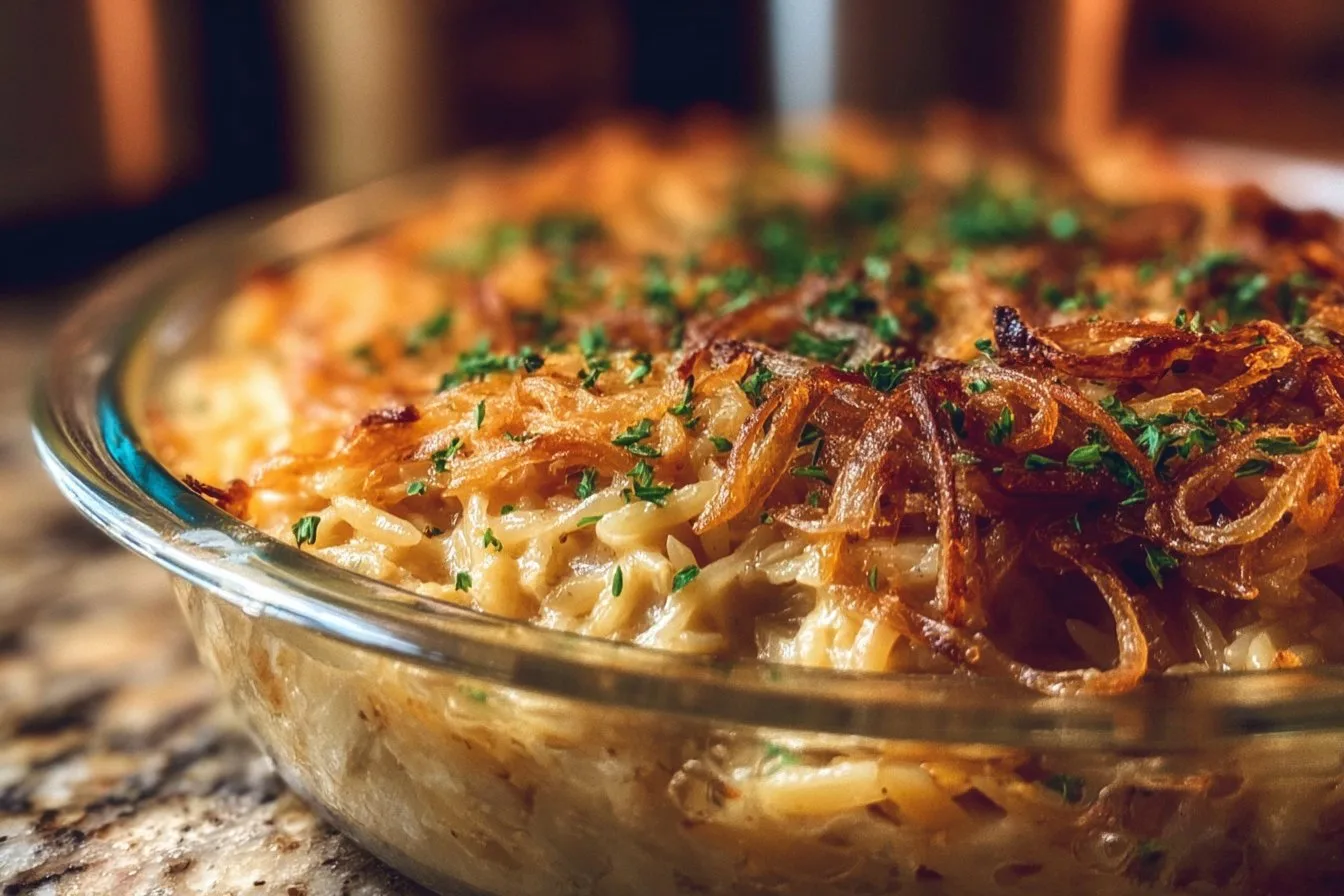 French Onion Chicken Orzo Casserole