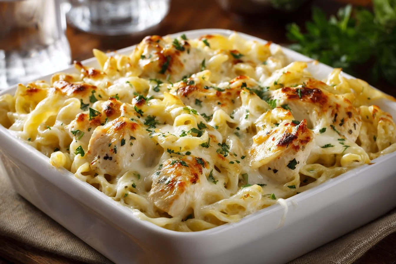 Delicious baked Alfredo pasta topped with cheese and herbs
