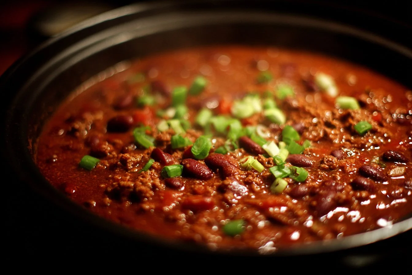 Bowl of classic slow cooker chili with beans and spices