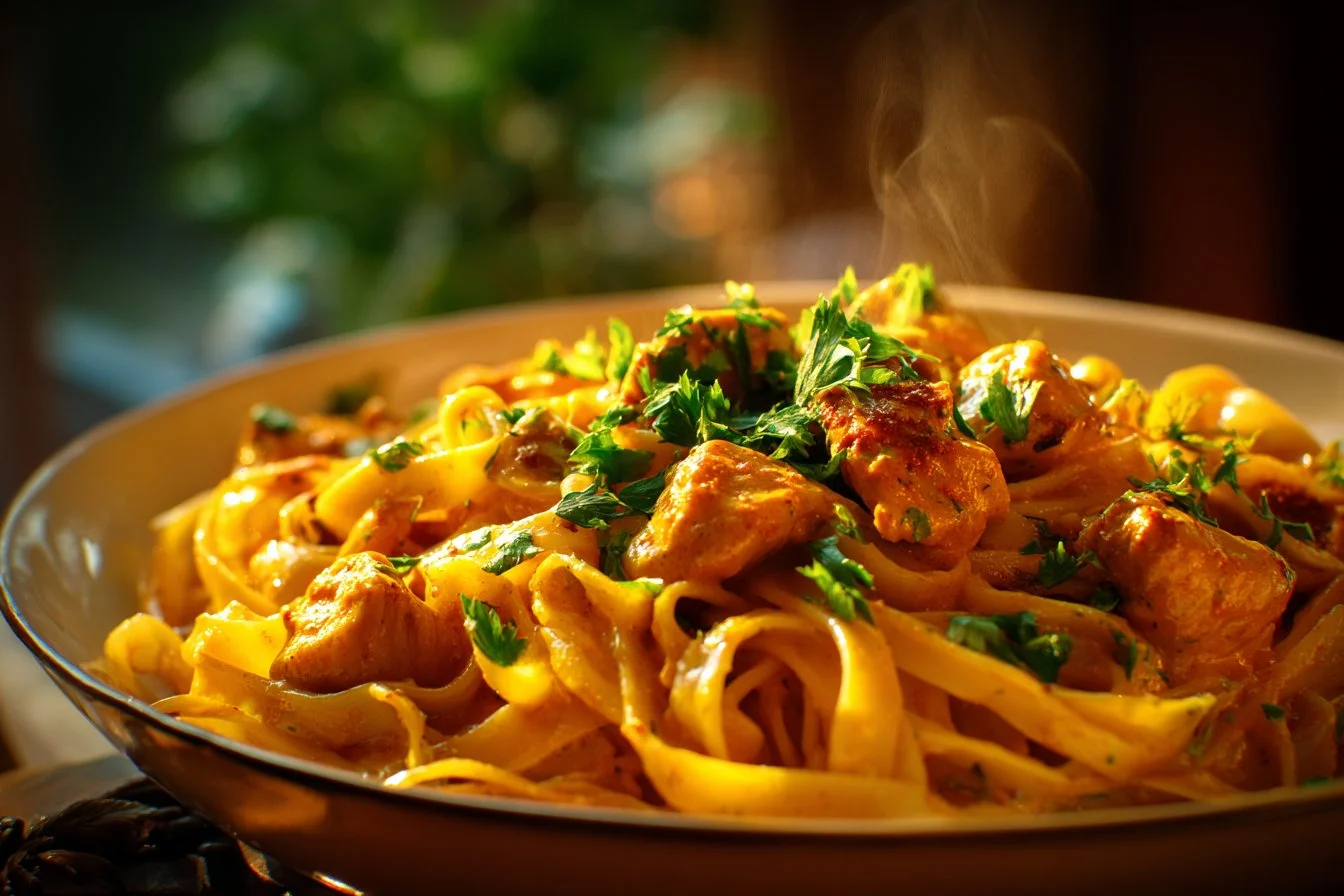 Delicious Cowboy Butter Chicken Pasta served in a bowl