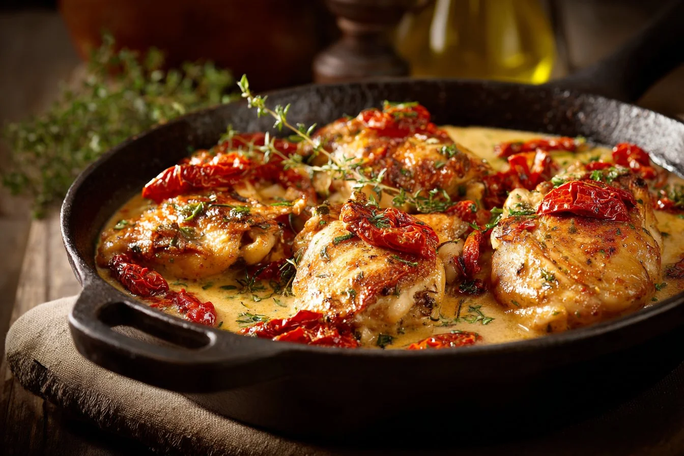 Creamy sun-dried tomato chicken served with basil and garlic.
