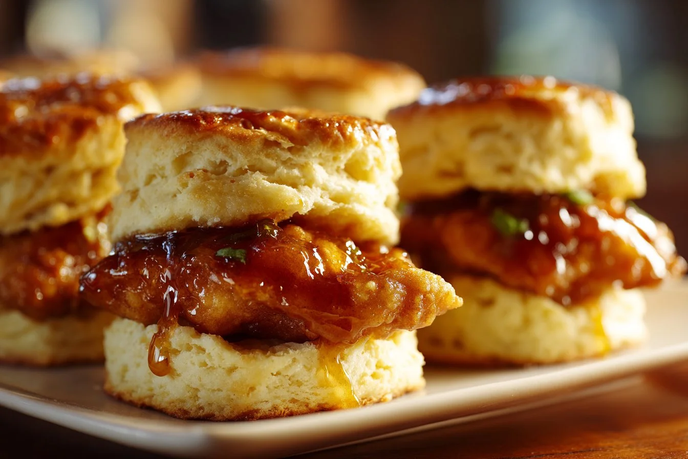 Delicious Hot Honey Chicken Biscuits served warm with a honey glaze