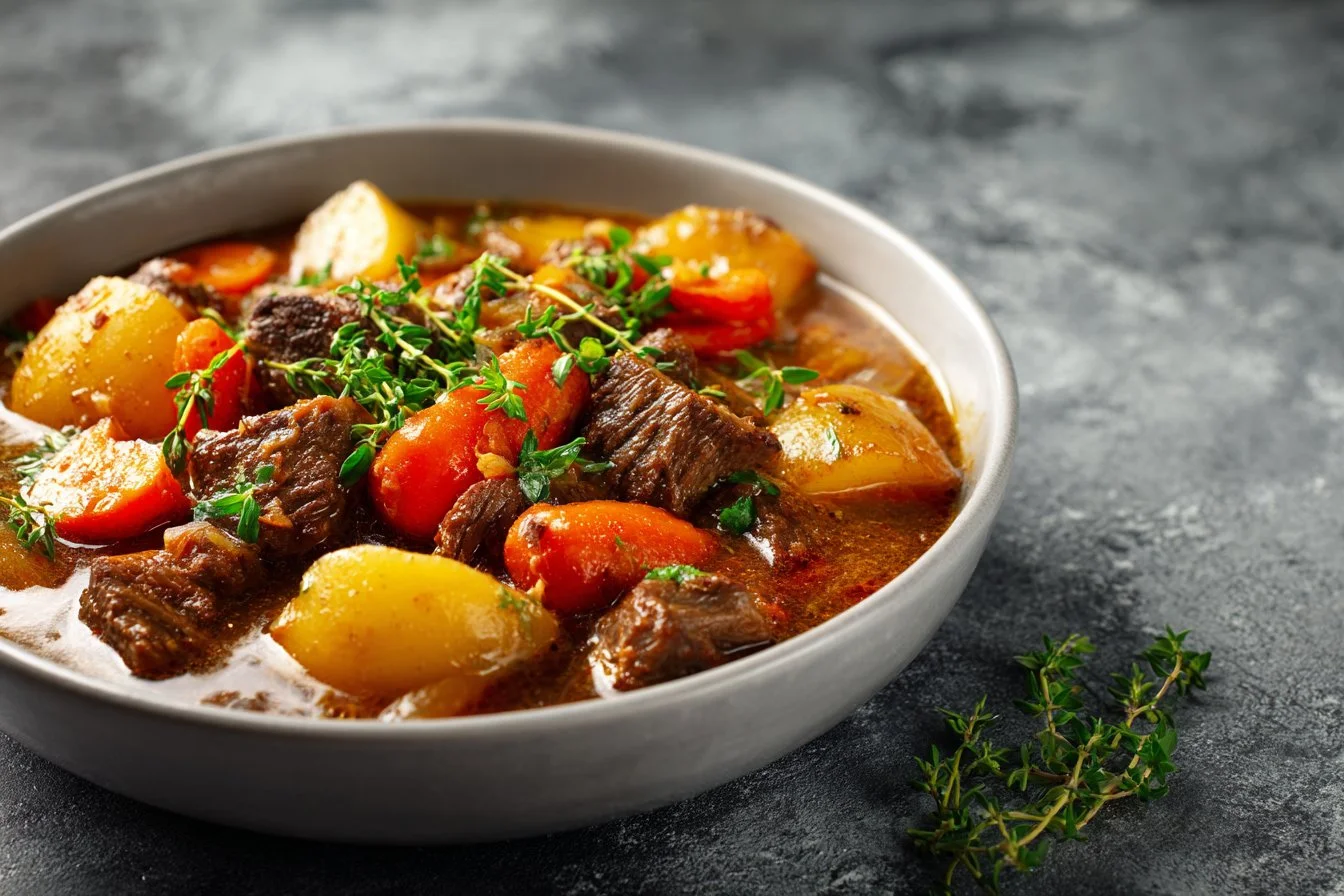 Delicious Irish beef stew served in a rustic bowl with fresh herbs.