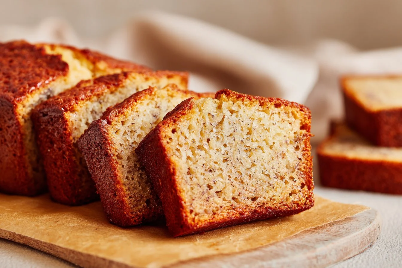 Deliciously moist banana bread loaf freshly baked with ripe bananas