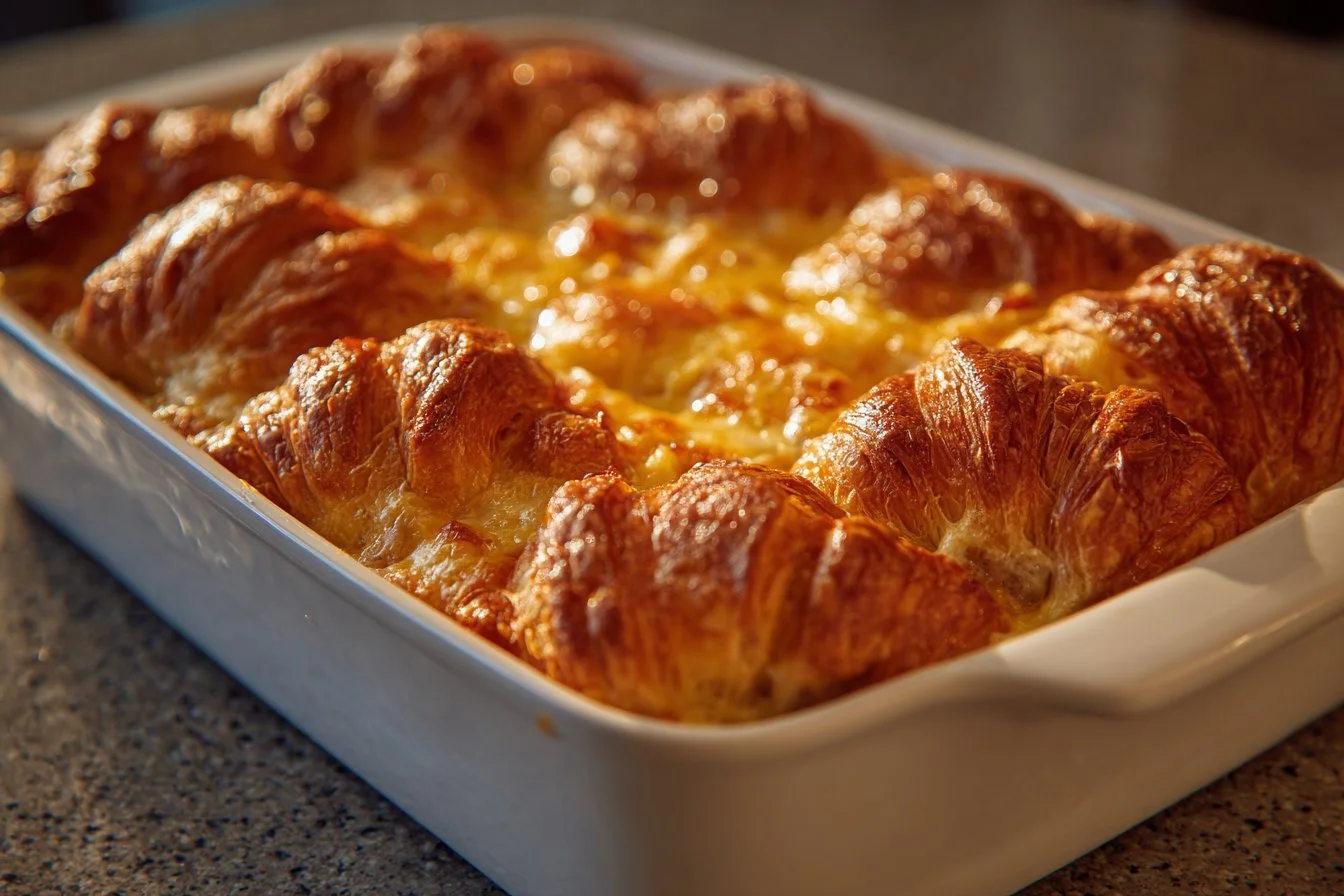 Delicious overnight croissant breakfast casserole baked to perfection.