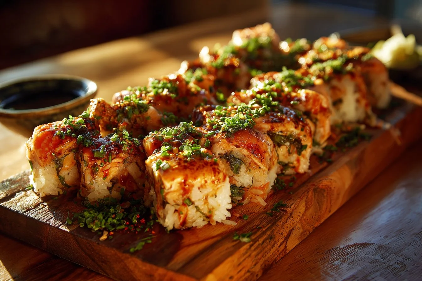 Deliciously baked spicy salmon sushi casserole topped with creamy ingredients