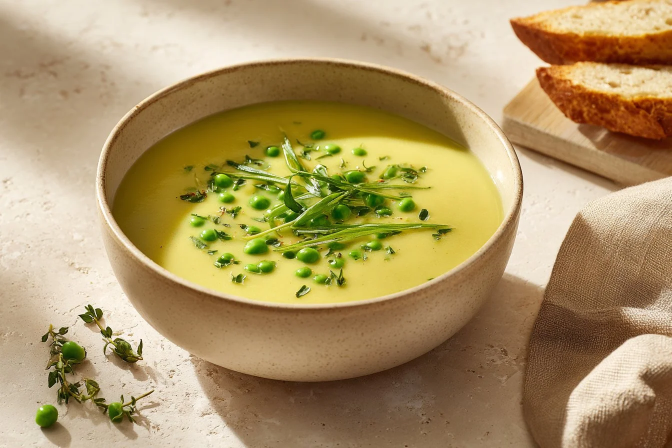 Bowl of colorful vegetarian soup with fresh vegetables and herbs