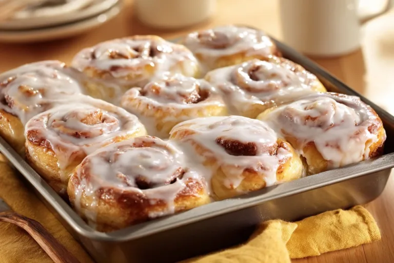 Delicious homemade cinnamon rolls with cream cheese icing on a wooden table.