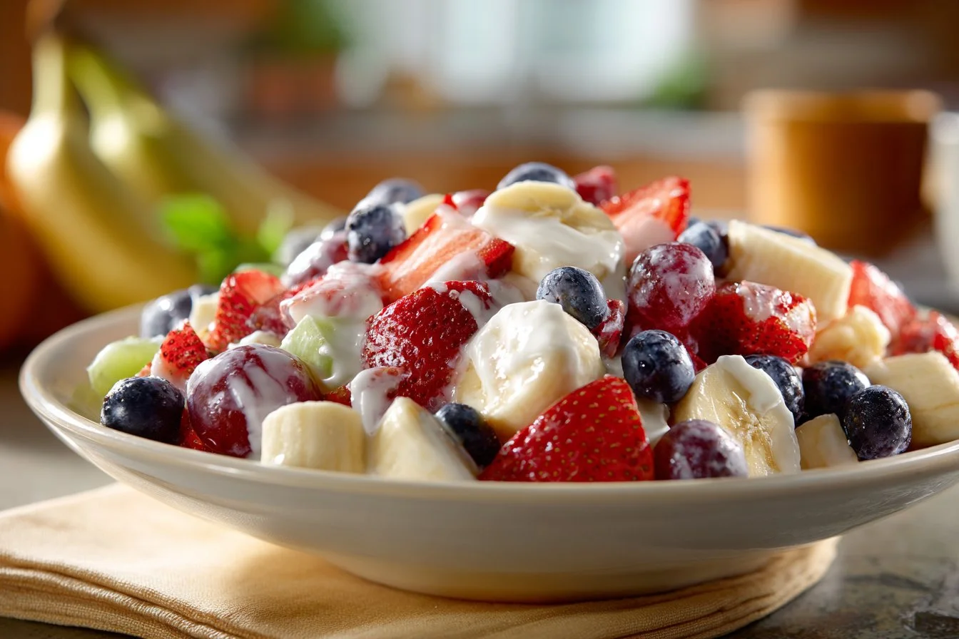 Colorful breakfast fruit salad with various fresh fruits in a bowl